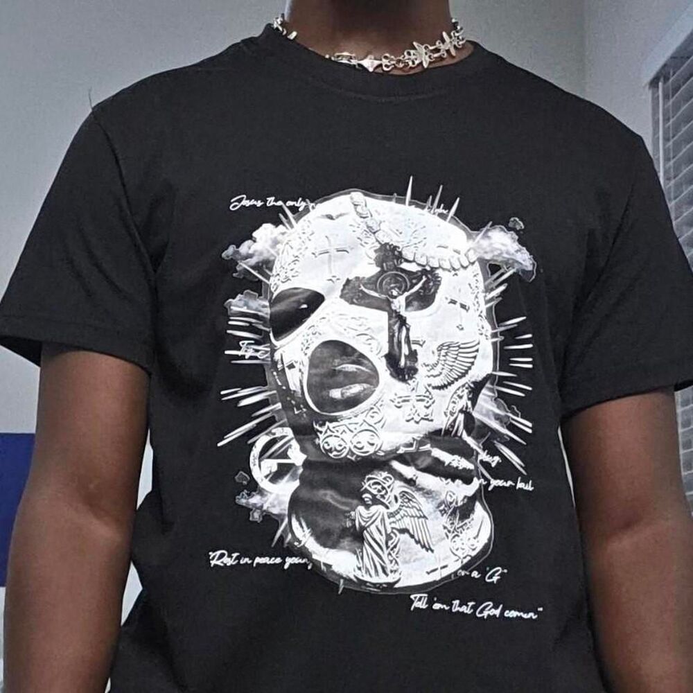 Y2K Gothic Skull Cross Black Graphic Tee Dark Grunge Streetwear